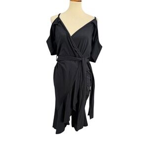 GO Couture Dress‎ Size Large Black Flutter Sleeve Faux Wrap Ruffle Hem Tie Waist